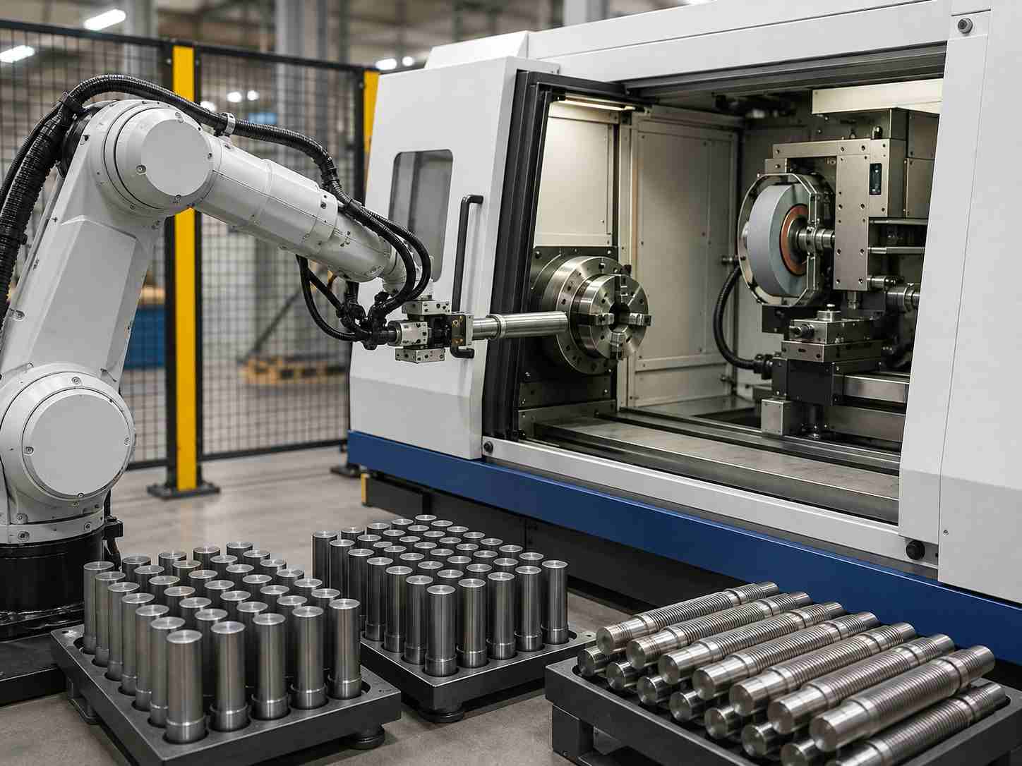 Robotic machine tending system for a thread grinding machine